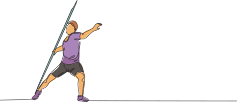 uno soltero línea dibujo de joven energético hombre ejercicio lanzar jabalina con todas el poder ilustración gráfico. sano estilo de vida atlético deporte concepto. moderno continuo línea dibujar diseño png