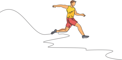 Single continuous line drawing of young sportive man training ling jump in the stadium field. Healthy athletic sport concept. Tournament event. Trendy one line draw design graphic illustration png