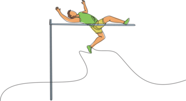 een single lijn tekening van jong energiek Mens succes naar voorbij gaan aan de bar Aan hoog springen bij elkaar passen illustratie. gezond atletisch sport concept. wedstrijd evenement. modern doorlopend lijn trek ontwerp png