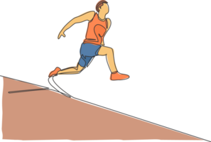 een single lijn tekening van jong sportief Mens oefening rennen voordat lang springen in zand zwembad illustratie. gezond atletisch sport concept. wedstrijd evenement. modern doorlopend lijn trek ontwerp png