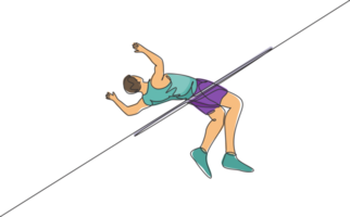 Single continuous line drawing young man training to pass the bar in high jump game in field. Healthy athletic sport concept. Tournament event. Trendy one line draw graphic design illustration png