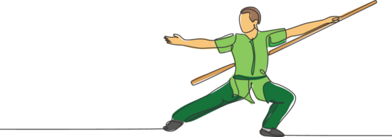 Single continuous line drawing of young man wushu fighter, kung fu master in uniform training with long staff at dojo center. Fighting contest concept. Trendy one line draw design illustration png