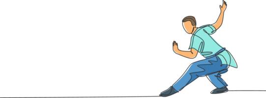 Single continuous line drawing young man wushu fighter, kung fu master in uniform training stance pose at dojo center. Fighting contest concept. Trendy one line draw design graphic illustration png