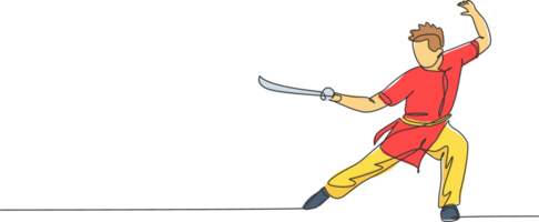 uno continuo línea dibujo de joven wushu Maestro hombre, kung fu guerrero en kimono con espada en capacitación. marcial Arte deporte concurso concepto. dinámica soltero línea dibujar diseño gráfico ilustración png