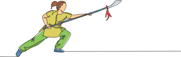 uno continuo linea disegno giovane wushu maestro donna, kung fu guerriero nel chimono con lancia su addestramento. marziale arte sport concorso concetto. dinamico singolo linea disegnare design grafico illustrazione png