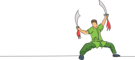 Single continuous line drawing young man wushu fighter, kung fu master in uniform training with swords at dojo center. Fighting contest concept. Trendy one line draw graphic design illustration png