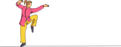 uno continuo linea disegno giovane wushu maestro donna, kung fu guerriero nel chimono posa posizione equilibrio su addestramento. marziale arte sport concorso concetto. singolo linea disegnare grafico design illustrazione png