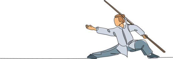 een doorlopend lijn tekening van jong wushu meester vrouw, kung fu krijger in kimono met lang personeel Aan opleiding. krijgshaftig kunst sport wedstrijd concept. dynamisch single lijn trek ontwerp illustratie png