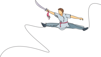 One single line drawing of young man on kimono exercise wushu and kung fu jumping technique with sword on gym center illustration. Fighting sport concept. Modern continuous line draw design png