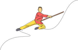 One continuous line drawing of wushu master man jumping, kung fu warrior in kimono with long staff on training. Martial art sport contest concept. Dynamic single line draw design illustration png