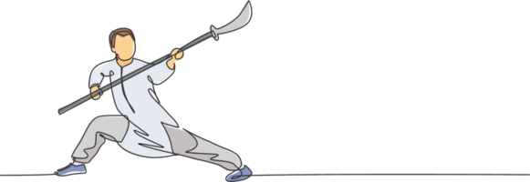 uno soltero línea dibujo de joven hombre en kimono ejercicio wushu marcial arte, kung fu técnica con lanza en gimnasio centrar ilustración. luchando deporte concepto. moderno continuo línea dibujar diseño png