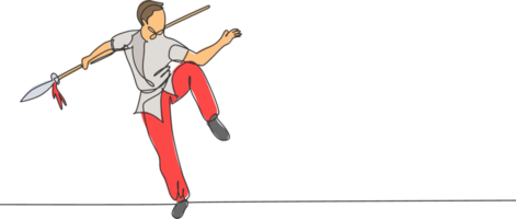 uno singolo linea disegno di giovane uomo su chimono esercizio wushu marziale arte, kung fu tecnica con lancia su Palestra centro illustrazione. combattente sport concetto. moderno continuo linea disegnare design png