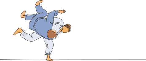 uno continuo línea dibujo de dos joven deportivo hombres formación judo técnica a deporte salón. jiu jitsu batalla lucha deporte competencia concepto. dinámica soltero línea dibujar diseño ilustración gráfico png