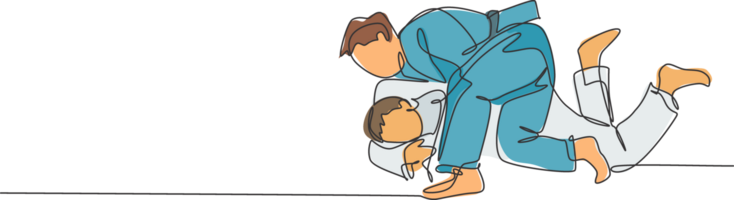 een doorlopend lijn tekening van twee jong sportief mannen opleiding judo techniek Bij sport hal. jiu jitsu strijd strijd sport wedstrijd concept. dynamisch single lijn trek grafisch ontwerp illustratie png