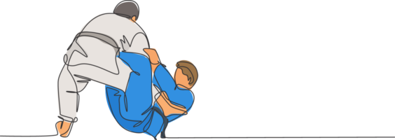 uno soltero línea dibujo de dos joven energético judokas combatiente hombres batalla luchando a gimnasio centrar gráfico ilustración. marcial Arte deporte competencia concepto. moderno continuo línea dibujar diseño png