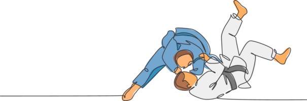 soltero continuo línea dibujo de dos joven juguetón judoka combatiente hombres práctica judo habilidad a dojo gimnasio centro. luchando jiujitsu, aikido deporte concepto. de moda uno línea dibujar diseño ilustración png