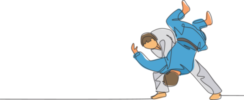 un Célibataire ligne dessin de deux Jeune énergique judokas combattant Hommes bataille combat à Gym centre graphique illustration. martial art sport compétition concept. moderne continu ligne dessiner conception png