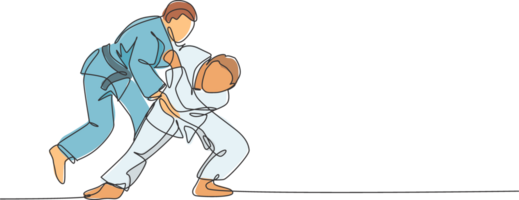 uno soltero línea dibujo de dos joven energético judokas combatiente hombres atención batalla luchando a gimnasio centrar ilustración. marcial Arte deporte competencia concepto. moderno continuo línea dibujar diseño png