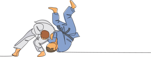 enda kontinuerlig linje teckning av två ung sportigt judoka kämpe män öva judo skicklighet på dojo Gym Centrum. stridande jiujitsu, aikido sport begrepp. trendig ett linje dra design illustration png