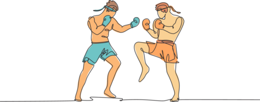 1 solteiro linha desenhando do dois jovem enérgico muay tailandês lutador homens sparring luta às Academia ginástica Centro ilustração. combativo tailandês boxe esporte conceito. moderno contínuo linha desenhar Projeto png