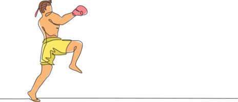 un continu ligne dessin de Jeune sportif muay thaïlandais boxeur homme en train de préparer à lutte, position donner un coup à boîte arène. combat sport Jeu concept. dynamique Célibataire ligne dessiner conception graphique illustration png