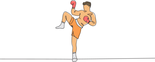 One continuous line drawing of young sporty muay thai boxer man preparing to fight, stance kick at box arena. Fighting sport game concept. Dynamic single line draw design illustration graphic png