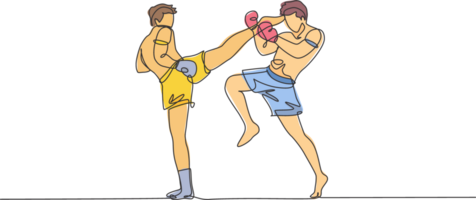 un Célibataire ligne dessin de Jeune énergique muay thaïlandais combattant homme exercice à Gym aptitude graphique centre illustration. combatif thaïlandais boxe sport concept. moderne continu ligne dessiner conception png