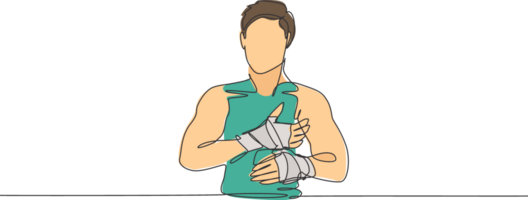 soltero continuo línea dibujo de joven juguetón hombre kickboxer envolver un vendaje Correa a preparar un lucha en deporte salón. lucha competencia deporte concepto. de moda uno línea dibujar diseño ilustración png