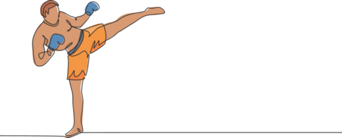 uno continuo línea dibujo de joven deportivo hombre kickboxer atleta formación poderoso patada postura a gimnasio centro. combativo kickboxing deporte concepto. dinámica soltero línea dibujar diseño ilustración png