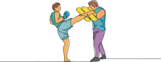 Célibataire continu ligne dessin de Jeune sportif homme kickboxeur exercice avec personnel entraîneur et coup de poing sac dans sport salle. bats toi kickboxing sport concept. un ligne dessiner conception illustration png