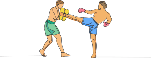 enda kontinuerlig linje teckning av ung sportigt man kickboxer övning med personlig tränare i sport hall. bekämpa konkurrens kickboxning sport begrepp. trendig ett linje dra design illustration png