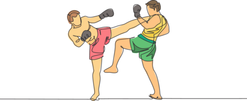 einer kontinuierlich Linie Zeichnung von zwei jung sportlich Männer Kickboxer Athlet Übung zum Sparring Kampf beim Fitnessstudio Center. kämpferisch Kickboxen Sport Konzept. dynamisch Single Linie zeichnen Design Illustration png