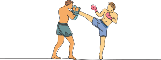 1 solteiro linha desenhando do jovem enérgico homem kickboxer prática com pessoal treinador dentro boxe arena gráfico ilustração. saudável estilo de vida esporte conceito. moderno contínuo linha desenhar Projeto png