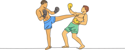 Single continuous line drawing of young sportive man kickboxer fighting for champion title in sport hall. Fight competition kickboxing sport concept. Trendy one line draw design illustration png