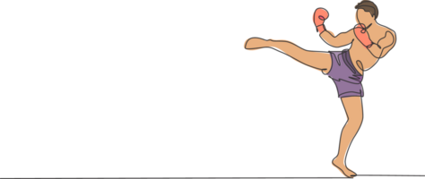 einer kontinuierlich Linie Zeichnung von jung sportlich Mann Kickboxer Athlet Ausbildung mächtig trete beim Fitnessstudio Center. kämpferisch Kickboxen Sport Konzept. dynamisch Single Linie zeichnen Design Grafik Illustration png