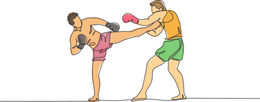 ett kontinuerlig linje teckning av två ung sportig män kickboxer idrottare Träning tillsammans på Gym Centrum. sparring bekämpa. stridsmedel kickboxning sport begrepp. enda linje dra design illustration png