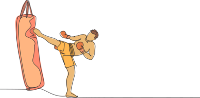 ett kontinuerlig linje teckning av ung sportig man kickboxer idrottare Träning med sparka stansning väska på Gym Centrum. stridsmedel kickboxning sport begrepp. dynamisk enda linje dra design illustration png