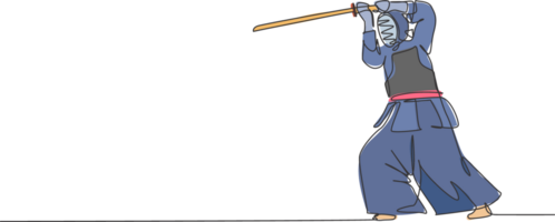 un continu ligne dessin de Jeune sportif homme formation kendo la défense combat compétence dans dojo centre. en bonne santé martial art sport concept. dynamique Célibataire ligne dessiner conception illustration graphique png