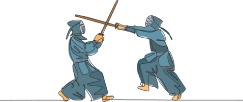 uno singolo linea disegno di Due giovane energico uomini esercizio kendo combattere gioco con di legno spada a Palestra centro illustrazione. combattivo combattimento sport concetto. moderno continuo linea disegnare design png