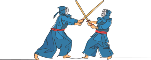 singolo continuo linea disegno di Due giovane allegro uomo praticante difesa e attacco per kendo marziale arte abilità su Palestra sport centro. combattente sport concetto. uno linea disegnare design illustrazione png