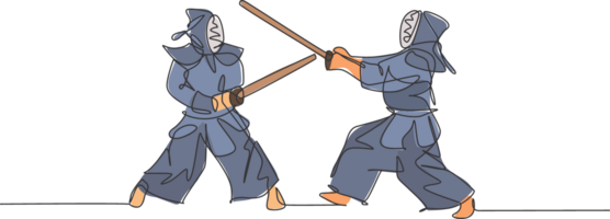 Single continuous line drawing of two young sportive men practicing kendo martial art skill on gym center. Sparring combat. Fighting sport concept. Trendy one line draw design illustration png