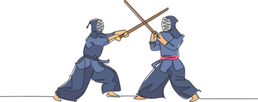 Single continuous line drawing of young sportive men practicing kendo martial art skill on gym sport center. Sparring partner. Fighting sport concept. Trendy one line draw design illustration png