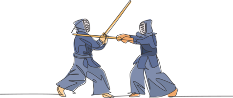 singolo continuo linea disegno di Due giovane allegro uomini praticante kendo marziale arte abilità su Palestra sport centro. sparring combattere. combattente sport concetto. di moda uno linea disegnare design illustrazione png