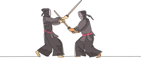 uno continuo linea disegno di Due giovane sportivo uomini scorta combattente kendo per Ottimizzare abilità nel dojo centro. salutare marziale arte sport concetto. dinamico singolo linea disegnare grafico design illustrazione png