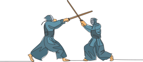 uno continuo línea dibujo dos joven hombres luchando a obtener kendo campeonato título habilidad en dojo centro. sano marcial Arte deporte concepto. dinámica soltero línea dibujar gráfico diseño ilustración png