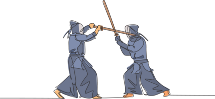 1 contínuo linha desenhando do dois jovem desportivo homens Treinamento kendo brigando habilidade com sparring dentro dojo Centro. saudável marcial arte esporte conceito. dinâmico solteiro linha desenhar Projeto ilustração png