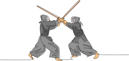 ett kontinuerlig linje teckning av två ung sportig män Träning kendo ge sig på och försvar skicklighet i dojo Centrum. friska krigisk konst sport begrepp. dynamisk enda linje dra design illustration png