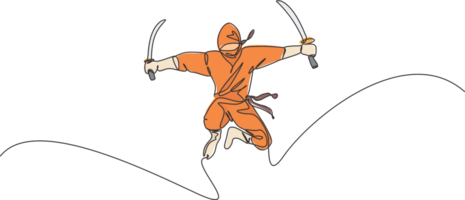 enda kontinuerlig linje teckning av ung japansk kultur ninja krigare på mask kostym med Hoppar ge sig på utgör. krigisk konst stridande samuraj begrepp. trendig ett linje dra design illustration png