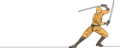 ett kontinuerlig linje teckning av ung modig japansk ninja karaktär på svart kostym med attackera placera. krigisk konst stridande begrepp. dynamisk enda linje dra design grafisk illustration png