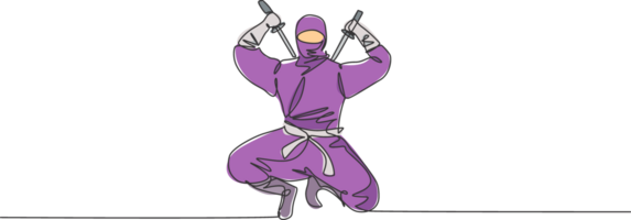 singolo continuo linea disegno di giovane giapponese cultura ninja guerriero su maschera costume con attaccare posizione posa. marziale arte combattente samurai concetto. di moda uno linea disegnare design illustrazione png